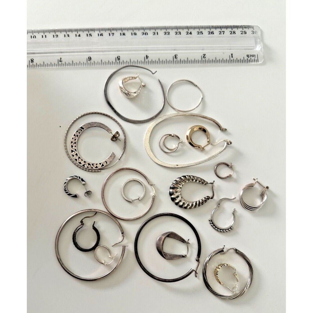 Sterling Silver SINGLE EARRINGS set 22 Hoops 925 Hinged Textured 52 grams - Picture 9 of 11